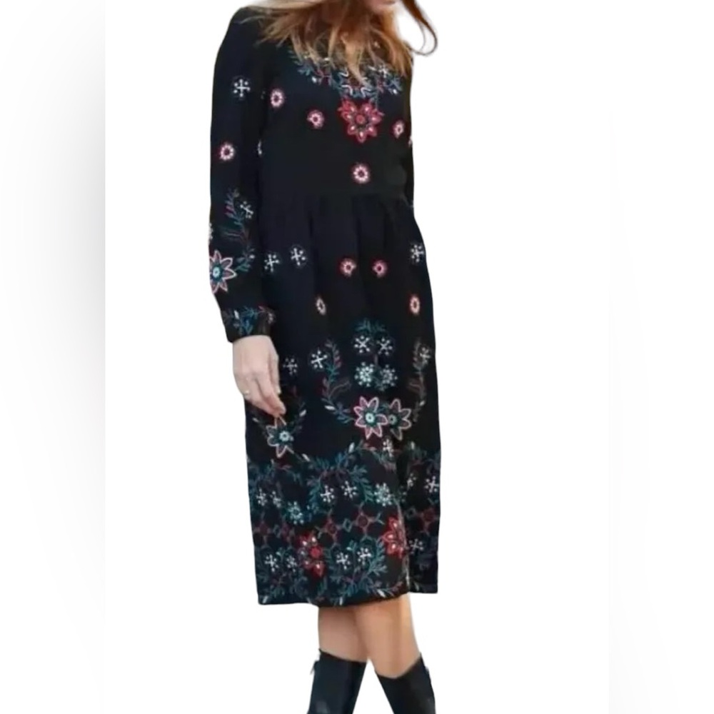 Zara Floral Runways Embroidered Black Dress Size Medium